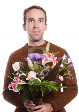 To use this stock image in your creative project, please select the size you need over to the right and click the "Add to Cart" button.
Your downloaded image will come with the Cutcaster watermark removed so don’t worry about the watermark you see on this page. Florist stock photo, A male florist holding a bouquet of flowers, isolated against a white background by Richard Nelson