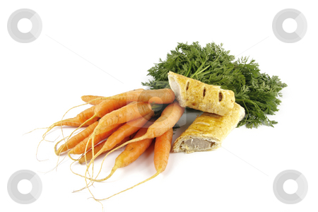 To use this stock image in your creative project, please select the size you need over to the right and click the "Add to Cart" button.
Your downloaded image will come with the Cutcaster watermark removed so don’t worry about the watermark you see on this page. Carrots and Sausage Roll stock photo, Contradiction between healthy food and junk food using bunch of carrots and sausage roll on a reflective white background by Keith Wilson