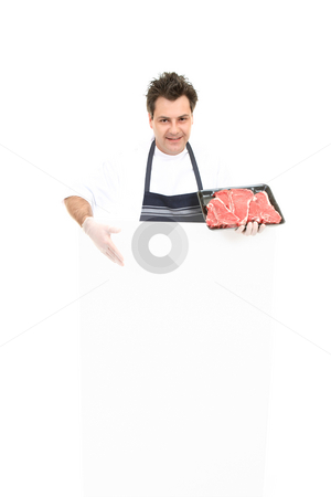 To use this stock image in your creative project, please select the size you need over to the right and click the "Add to Cart" button.
Your downloaded image will come with the Cutcaster watermark removed so don’t worry about the watermark you see on this page. Butcher with advertising sign stock photo, Butcher presenting an advertising sign or specials board. by Leah-Anne Thompson