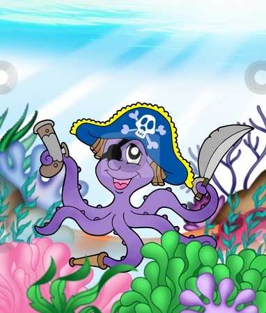 To use this stock image in your creative project, please select the size you need over to the right and click the "Add to Cart" button.
Your downloaded image will come with the Cutcaster watermark removed so don’t worry about the watermark you see on this page. Pirate octopus underwater stock photo, Pirate octopus underwater - color illustration. by Klara Viskova