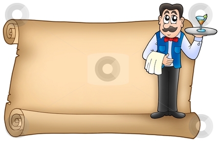 To use this stock image in your creative project, please select the size you need over to the right and click the "Add to Cart" button.
Your downloaded image will come with the Cutcaster watermark removed so don’t worry about the watermark you see on this page. Scroll with waiter stock photo, Scroll with waiter - color illustration. by Klara Viskova