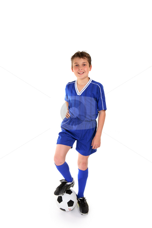 To use this stock image in your creative project, please select the size you need over to the right and click the "Add to Cart" button.
Your downloaded image will come with the Cutcaster watermark removed so don’t worry about the watermark you see on this page. Soccer champ stock photo, Happy young boy dressed in soccer gear rests his boot on a soccer ball by Leah-Anne Thompson