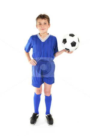 To use this stock image in your creative project, please select the size you need over to the right and click the "Add to Cart" button.
Your downloaded image will come with the Cutcaster watermark removed so don’t worry about the watermark you see on this page. Soccer game stock photo, Boy standing with hand on hip and holding a soccer ball in the other hand by Leah-Anne Thompson