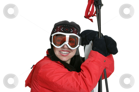 To use this stock image in your creative project, please select the size you need over to the right and click the "Add to Cart" button.
Your downloaded image will come with the Cutcaster watermark removed so don’t worry about the watermark you see on this page. Female Skier stock photo, Female skier wearing warm red parka, beanie and goggles is leaning on skis and smiling. by Leah-Anne Thompson