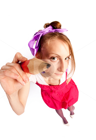 To use this stock image in your creative project, please select the size you need over to the right and click the "Add to Cart" button.
Your downloaded image will come with the Cutcaster watermark removed so don’t worry about the watermark you see on this page. Girl make note stock photo, People series: funny girl with pencil, fish eye by Gennady Kravetsky