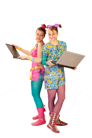 To use this stock image in your creative project, please select the size you need over to the right and click the "Add to Cart" button.
Your downloaded image will come with the Cutcaster watermark removed so don’t worry about the watermark you see on this page. Modern computer girls stock photo, People series: young girls stand with computer by Gennady Kravetsky