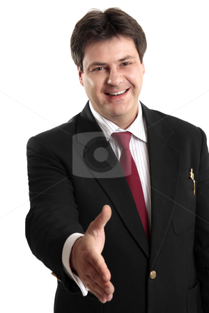 To use this stock image in your creative project, please select the size you need over to the right and click the "Add to Cart" button.
Your downloaded image will come with the Cutcaster watermark removed so don’t worry about the watermark you see on this page. Businessman handshake stock photo, Businessman extends his hand to seal a deal or greeting a fellow colleague or businessman. by Leah-Anne Thompson