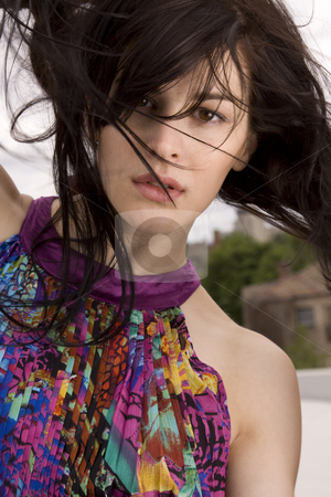 To use this stock image in your creative project, please select the size you need over to the right and click the "Add to Cart" button.
Your downloaded image will come with the Cutcaster watermark removed so don’t worry about the watermark you see on this page. Young model stock photo, Beautiful model poses outside in a colorful dress by Jandrie Lombard