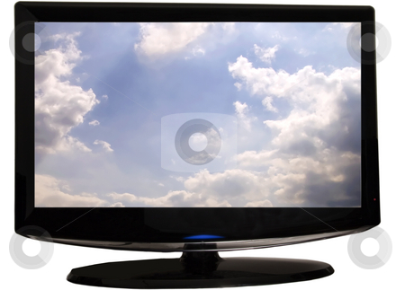 To use this stock image in your creative project, please select the size you need over to the right and click the "Add to Cart" button.
Your downloaded image will come with the Cutcaster watermark removed so don’t worry about the watermark you see on this page. TV stock photo, View of a black last generation tv screen, with sky on the screen by Fabio Alcini