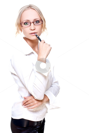 To use this stock image in your creative project, please select the size you need over to the right and click the "Add to Cart" button.
Your downloaded image will come with the Cutcaster watermark removed so don’t worry about the watermark you see on this page. Business woman in a glasses with pen stock photo, Business woman in a glasses with pen on a white background by Artem Zamula