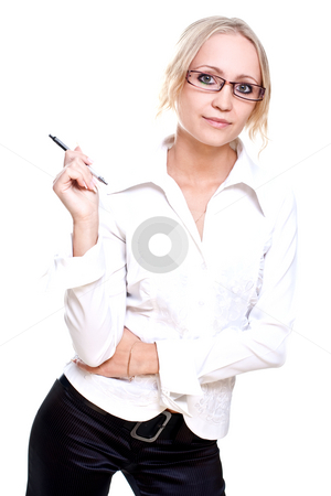 To use this stock image in your creative project, please select the size you need over to the right and click the "Add to Cart" button.
Your downloaded image will come with the Cutcaster watermark removed so don’t worry about the watermark you see on this page. Business woman in a glasses with pen stock photo, Business woman in a glasses with pen on a white background by Artem Zamula