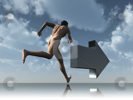 To use this stock image in your creative project, please select the size you need over to the right and click the "Add to Cart" button.
Your downloaded image will come with the Cutcaster watermark removed so don’t worry about the watermark you see on this page. Run stock photo, Runner and arrow under cloudy blue sky - 3d illustration by J?