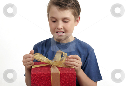 To use this stock image in your creative project, please select the size you need over to the right and click the "Add to Cart" button.
Your downloaded image will come with the Cutcaster watermark removed so don’t worry about the watermark you see on this page. Opening a present stock photo, Young boy in t-shirt opening (or wrapping) a red and gold present by Leah-Anne Thompson