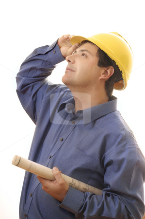 To use this stock image in your creative project, please select the size you need over to the right and click the "Add to Cart" button.
Your downloaded image will come with the Cutcaster watermark removed so don’t worry about the watermark you see on this page. Copnstruction worker builder looking up stock photo, A construction worker, builder, project manager with plans rolled up looks skyward, by Leah-Anne Thompson