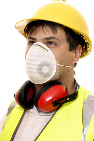 To use this stock image in your creative project, please select the size you need over to the right and click the "Add to Cart" button.
Your downloaded image will come with the Cutcaster watermark removed so don’t worry about the watermark you see on this page. Builder or Carpenter with Face Mask stock photo, A worker wearing safety face mask, ear muffs and hard had by Leah-Anne Thompson