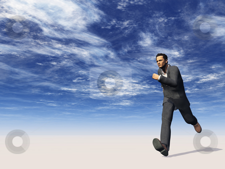 To use this stock image in your creative project, please select the size you need over to the right and click the "Add to Cart" button.
Your downloaded image will come with the Cutcaster watermark removed so don’t worry about the watermark you see on this page. Running man stock photo, Running man under cloudy blue sky - 3d illustration by J?
