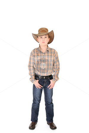 To use this stock image in your creative project, please select the size you need over to the right and click the "Add to Cart" button.
Your downloaded image will come with the Cutcaster watermark removed so don’t worry about the watermark you see on this page. Young cowboy on white background stock photo, A young cowboy standing with feet apart on a white background. by Leah-Anne Thompson