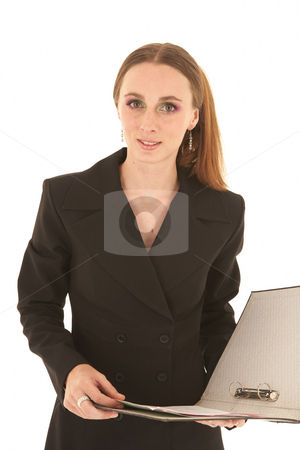 To use this stock image in your creative project, please select the size you need over to the right and click the "Add to Cart" button.
Your downloaded image will come with the Cutcaster watermark removed so don’t worry about the watermark you see on this page. Young Caucasian businesswoman stock photo, Young adult caucasian businesswoman in a dark suit standing on a white background with a file in her hands. NOT ISOLATED by Sean Nel