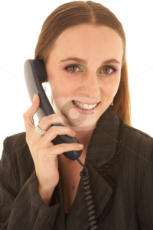 To use this stock image in your creative project, please select the size you need over to the right and click the "Add to Cart" button.
Your downloaded image will come with the Cutcaster watermark removed so don’t worry about the watermark you see on this page. Young Caucasian businesswoman stock photo, Young adult caucasian businesswoman in a dark suit talking on a telephone, standing on a white background. NOT ISOLATED by Sean Nel