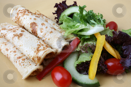 To use this stock image in your creative project, please select the size you need over to the right and click the "Add to Cart" button.
Your downloaded image will come with the Cutcaster watermark removed so don’t worry about the watermark you see on this page. Salad and pancakes stock photo, Barbeque Chicken pancakes and fresh salad on a yellow plate by Vanessa Van Rensburg