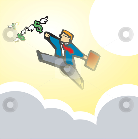 To use this stock image in your creative project, please select the size you need over to the right and click the "Add to Cart" button.
Your downloaded image will come with the Cutcaster watermark removed so don’t worry about the watermark you see on this page. Businessman Chasing Money #2 stock vector clipart, Businessman chases winged money that is escaping. by Jeffrey Thompson