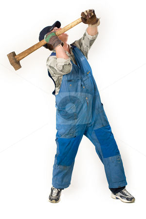 To use this stock image in your creative project, please select the size you need over to the right and click the "Add to Cart" button.
Your downloaded image will come with the Cutcaster watermark removed so don’t worry about the watermark you see on this page. Working man stock photo, Portrait of workman with sledge hammer over white by Gennady Kravetsky