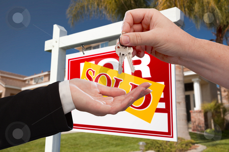 To use this stock image in your creative project, please select the size you need over to the right and click the "Add to Cart" button.
Your downloaded image will come with the Cutcaster watermark removed so don’t worry about the watermark you see on this page. Agent Handing Over the Key to a New Home stock photo, Agent Handing Over the Key to a New Home with Real Estate Sign and House in the Background. by Andy Dean