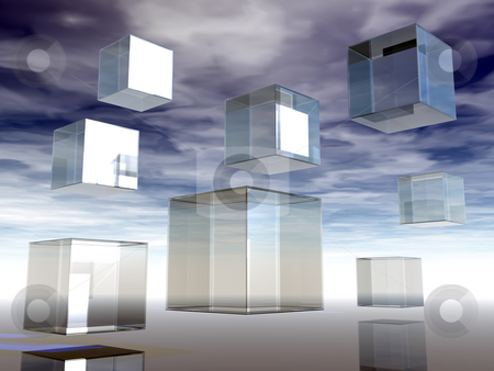 To use this stock image in your creative project, please select the size you need over to the right and click the "Add to Cart" button.
Your downloaded image will come with the Cutcaster watermark removed so don’t worry about the watermark you see on this page. Glass cubes stock photo, Floating glass cubes in the sky - 3d illustration by J?