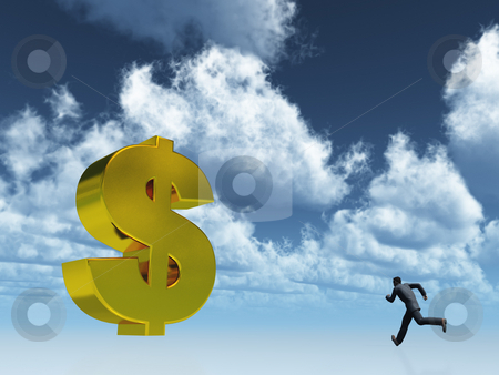 To use this stock image in your creative project, please select the size you need over to the right and click the "Add to Cart" button.
Your downloaded image will come with the Cutcaster watermark removed so don’t worry about the watermark you see on this page. Running for profit stock photo, Running man and golden dollar symbol under cloudy blue sky - 3d illustration by J?
