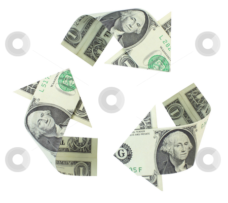To use this stock image in your creative project, please select the size you need over to the right and click the "Add to Cart" button.
Your downloaded image will come with the Cutcaster watermark removed so don’t worry about the watermark you see on this page. Recycling Dollars stock photo, Recycling logo made of dollar bills, folded into curved arrows and isolated on a white background. by Mark Carrel