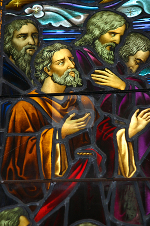 To use this stock image in your creative project, please select the size you need over to the right and click the "Add to Cart" button.
Your downloaded image will come with the Cutcaster watermark removed so don’t worry about the watermark you see on this page. Stained glass window stock photo, Staned glass window depicting apostles. circa 1870-1900. Window shows some age. by Leah-Anne Thompson