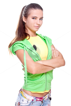 To use this stock image in your creative project, please select the size you need over to the right and click the "Add to Cart" button.
Your downloaded image will come with the Cutcaster watermark removed so don’t worry about the watermark you see on this page. Woman in a yellow shirt and green jacket stock photo, Woman in a yellow shirt and green jacket posing on a white background by Artem Zamula