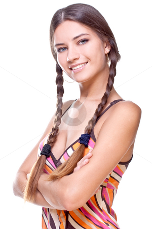 To use this stock image in your creative project, please select the size you need over to the right and click the "Add to Cart" button.
Your downloaded image will come with the Cutcaster watermark removed so don’t worry about the watermark you see on this page. Woman in a multicolored shirt stock photo, Woman in a multicolored shirt posing on a white background by Artem Zamula