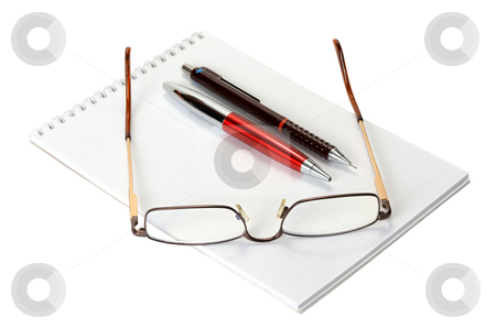 To use this stock image in your creative project, please select the size you need over to the right and click the "Add to Cart" button.
Your downloaded image will come with the Cutcaster watermark removed so don’t worry about the watermark you see on this page. Set for record stock photo, Open a blank worksheet notebook, pen, pencil and eyeglasses on a white background. by Vladimir Blinov
