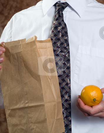 To use this stock image in your creative project, please select the size you need over to the right and click the "Add to Cart" button.
Your downloaded image will come with the Cutcaster watermark removed so don’t worry about the watermark you see on this page. Healthy Lunch stock photo, Closeup businessman showing off his healthy lunch featuring a paper bag and a fresh orange by Richard Nelson
