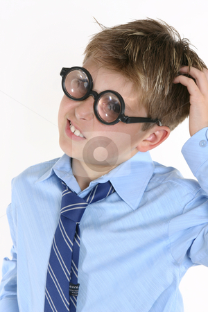 To use this stock image in your creative project, please select the size you need over to the right and click the "Add to Cart" button.
Your downloaded image will come with the Cutcaster watermark removed so don’t worry about the watermark you see on this page. School student in comical spectacles and a confusedl expression stock photo, A boy scratching his head for an answer. by Leah-Anne Thompson