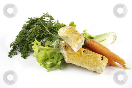 To use this stock image in your creative project, please select the size you need over to the right and click the "Add to Cart" button.
Your downloaded image will come with the Cutcaster watermark removed so don’t worry about the watermark you see on this page. Sausage Roll with Carrots and Celery stock photo, Contradiction between healthy food and junk food using a bunch of carrots and celery with a sausage roll on a reflective white background by Keith Wilson