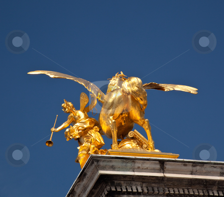 To use this stock image in your creative project, please select the size you need over to the right and click the "Add to Cart" button.
Your downloaded image will come with the Cutcaster watermark removed so don’t worry about the watermark you see on this page. Unusual shot of the rear of golden horse stock photo, Rear view of a golden horse on Pont Alexandre in Paris - could be used for humorous reference by Steven Heap