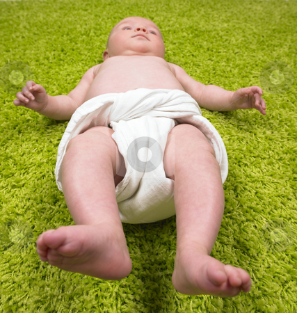 To use this stock image in your creative project, please select the size you need over to the right and click the "Add to Cart" button.
Your downloaded image will come with the Cutcaster watermark removed so don’t worry about the watermark you see on this page. Baby Lying on Green Carpet stock photo, Baby wearing a diaper and lying on green carpet. Vertically framed shot. by Mog Ddl