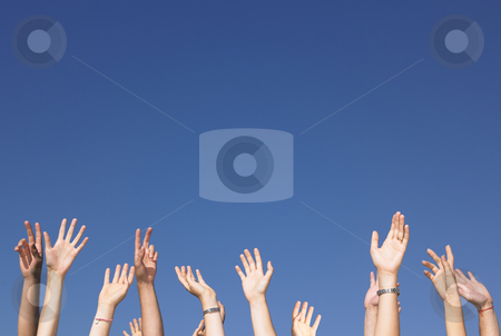 To use this stock image in your creative project, please select the size you need over to the right and click the "Add to Cart" button.
Your downloaded image will come with the Cutcaster watermark removed so don’t worry about the watermark you see on this page. Arms Raised Against Blue Sky stock photo, Cropped view of group of people with arms raised against a blue sky. Horizontally framed shot. by Mog Ddl