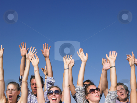 To use this stock image in your creative project, please select the size you need over to the right and click the "Add to Cart" button.
Your downloaded image will come with the Cutcaster watermark removed so don’t worry about the watermark you see on this page. Enthusiastic People with Arms Raised stock photo, Group of enthusiastic-looking people with arms raised. Horizontally framed shot. by Mog Ddl