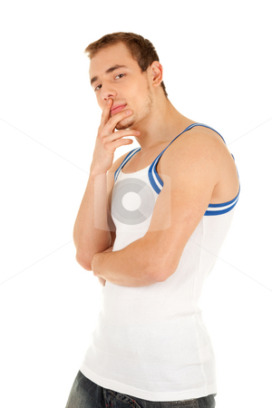 To use this stock image in your creative project, please select the size you need over to the right and click the "Add to Cart" button.
Your downloaded image will come with the Cutcaster watermark removed so don’t worry about the watermark you see on this page. Handsome young man is looking to you stock photo, Handsome young man in T-shirt is looking to you, his right hand touches lips . Isolated on white background by Iryna Rasko