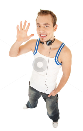 To use this stock image in your creative project, please select the size you need over to the right and click the "Add to Cart" button.
Your downloaded image will come with the Cutcaster watermark removed so don’t worry about the watermark you see on this page. I like music and tell you hello stock photo, Smiling handsome young man in casual style with headphones shows hello by his hand, isolated on white background by Iryna Rasko