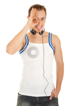 To use this stock image in your creative project, please select the size you need over to the right and click the "Add to Cart" button.
Your downloaded image will come with the Cutcaster watermark removed so don’t worry about the watermark you see on this page. Everything is ok stock photo, Smiling handsome young man in casual style with headphones shows sign ok, isolated on white background by Iryna Rasko