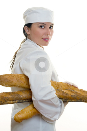 To use this stock image in your creative project, please select the size you need over to the right and click the "Add to Cart" button.
Your downloaded image will come with the Cutcaster watermark removed so don’t worry about the watermark you see on this page. Baker with bread stock photo, Baker looking over shoulder by Leah-Anne Thompson