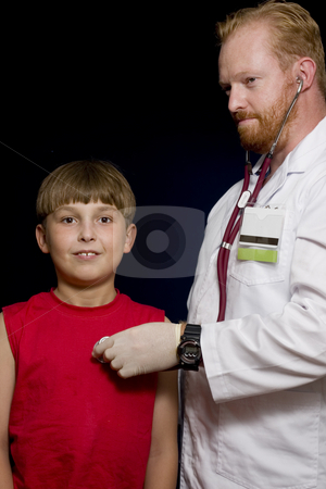 To use this stock image in your creative project, please select the size you need over to the right and click the "Add to Cart" button.
Your downloaded image will come with the Cutcaster watermark removed so don’t worry about the watermark you see on this page. Doctor checking patient stock photo, Doctor using a stethoscope with young child patient. by Leah-Anne Thompson