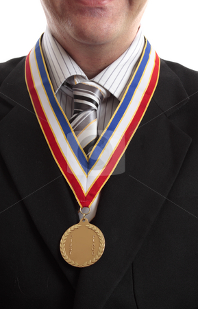 To use this stock image in your creative project, please select the size you need over to the right and click the "Add to Cart" button.
Your downloaded image will come with the Cutcaster watermark removed so don’t worry about the watermark you see on this page. First in Business stock photo, Successful businessman in recognition awarded gold medal by Leah-Anne Thompson