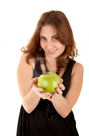 To use this stock image in your creative project, please select the size you need over to the right and click the "Add to Cart" button.
Your downloaded image will come with the Cutcaster watermark removed so don’t worry about the watermark you see on this page. Beauty woman with fresh green apple stock photo, Beauty woman with fresh green apple on white background. Focus on the apple. by Iryna Rasko