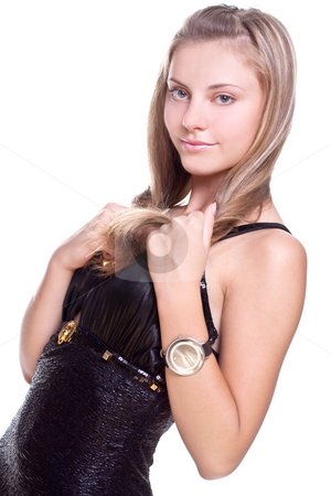 To use this stock image in your creative project, please select the size you need over to the right and click the "Add to Cart" button.
Your downloaded image will come with the Cutcaster watermark removed so don’t worry about the watermark you see on this page. Beautiful woman in a black dress stock photo, Beautiful woman in a black dress on a white background isolated by Artem Zamula