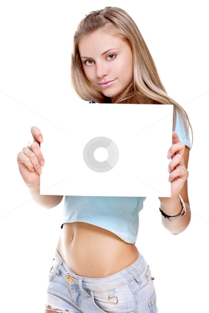 To use this stock image in your creative project, please select the size you need over to the right and click the "Add to Cart" button.
Your downloaded image will come with the Cutcaster watermark removed so don’t worry about the watermark you see on this page. Beautiful woman shows blank piece of paper stock photo, Beautiful woman shows blank piece of paper on a white background isolated by Artem Zamula